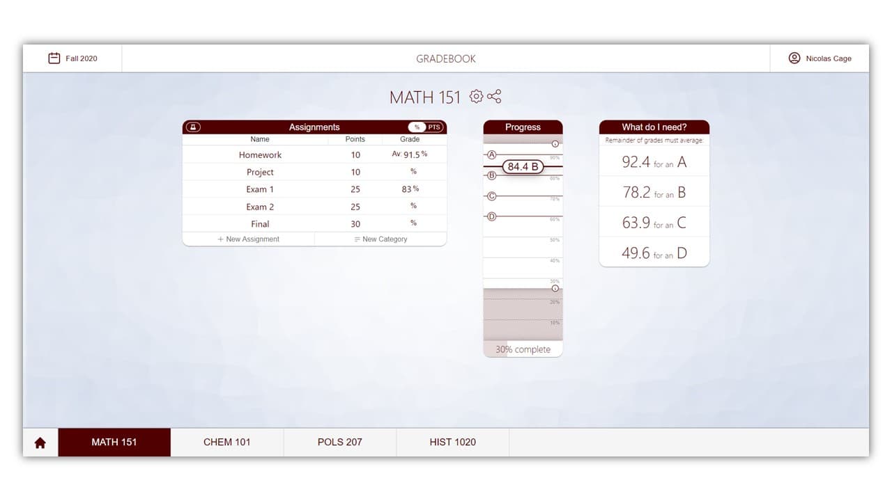 Gradebook application screenshot